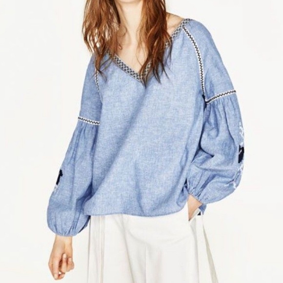 Zara Basic Collection Embroidered Peasant Boho Linen/Cotton Blend Top. - Picture 3 of 10